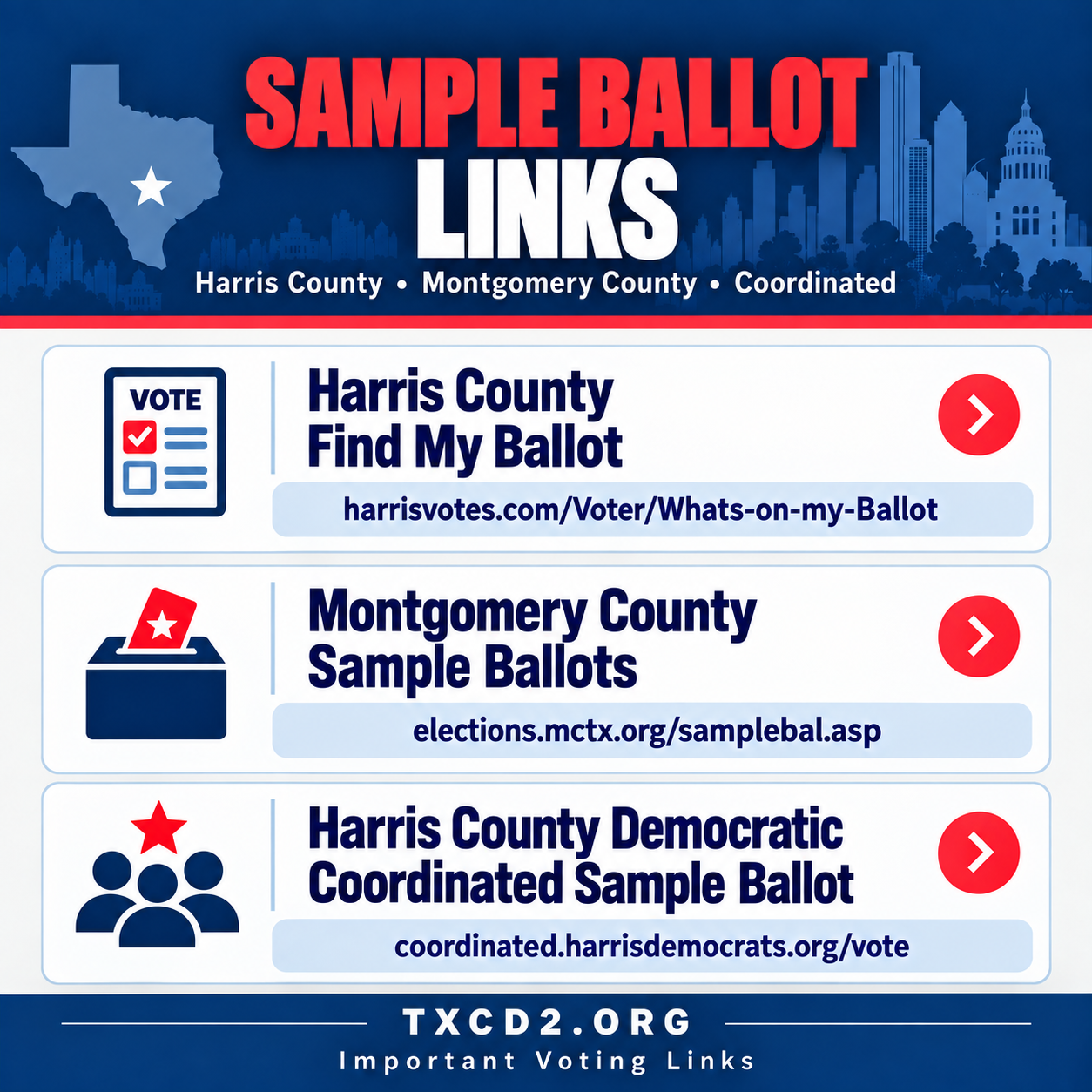 Sample Ballot Links for Harris County, Montgomery County, and the Harris County Democratic Coordinated Sample Ballot